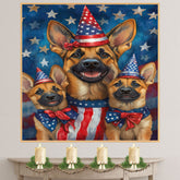 German Shepherd Mom and Puppies in Star-Studded Patriotic Hats with Flags and Red White Blue Celebration Background on Ready to Hang 1.5" Thick Canvas Wrap, Floating Framed Canvas, Flat Rolled Canvas